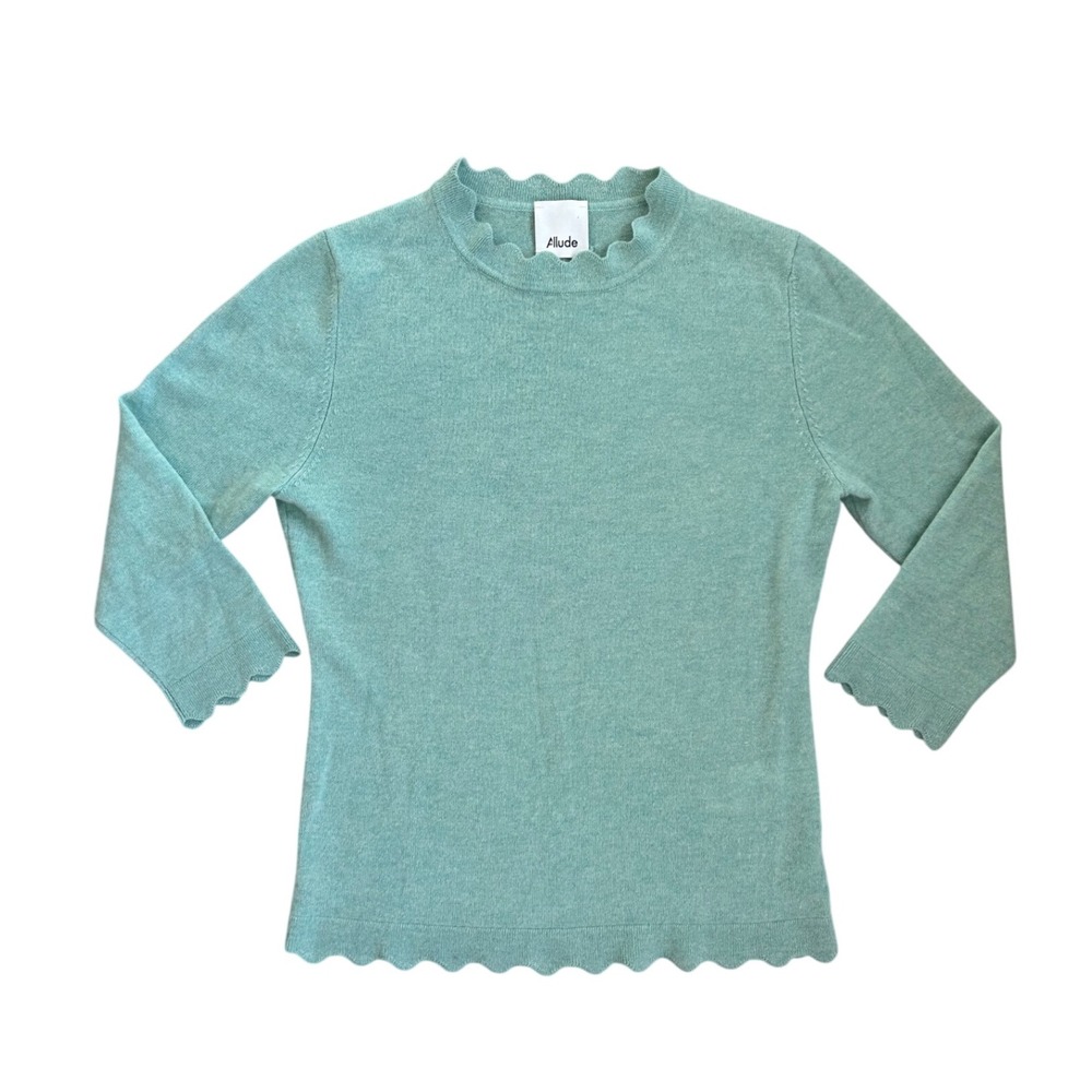 Allude Virgin Wool Cashmere scalloped trim high neck sweater‎ blue teal S
